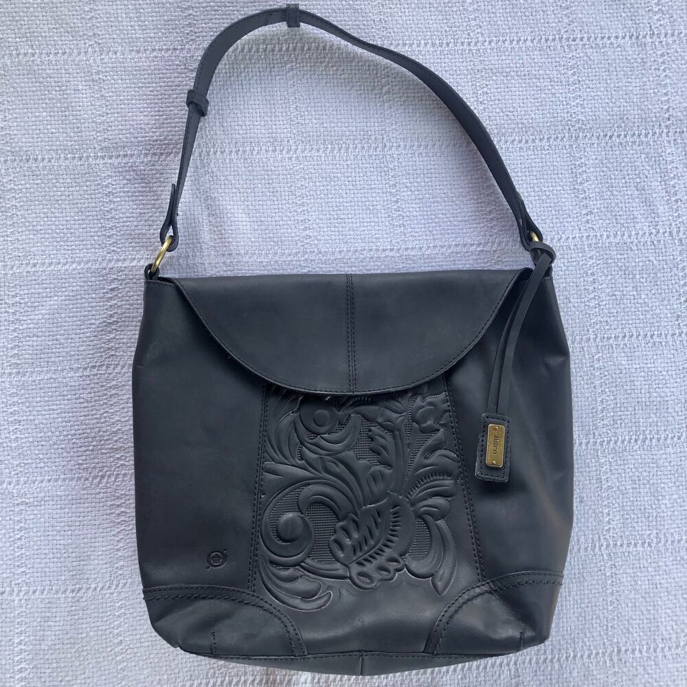 Born Flower Embossed Black Leather Purse Medium Bucket Hobo Western Boho Moto